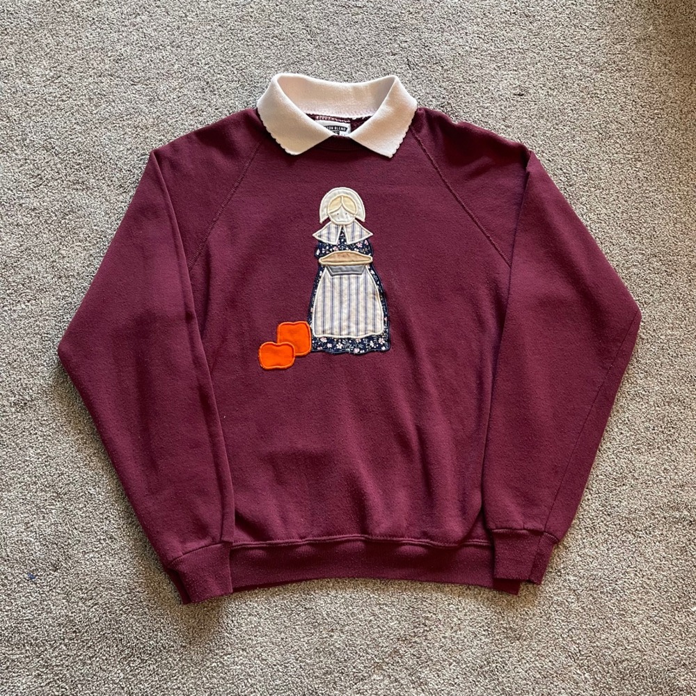 Womens Lee Sweatshirt Large Maroon Good Vintage Pilgrim Pie Fall Applique USA
